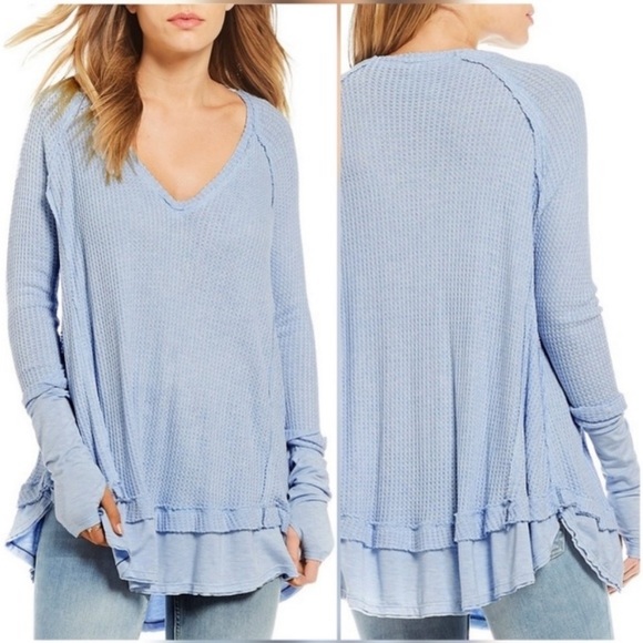 We The Free Pastel Blue V-Neck Waffle Knit Thermal Swing Tee T-Shirt Top - Picture 3 of 11